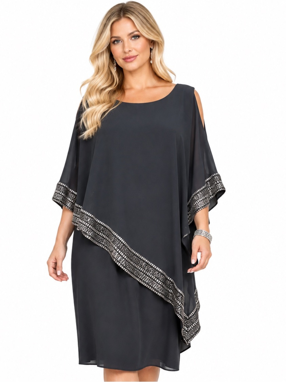 SLNY Plus-Size Black Asymmetrical Cold Shoulder Dress Silver Embellished Hem 16W